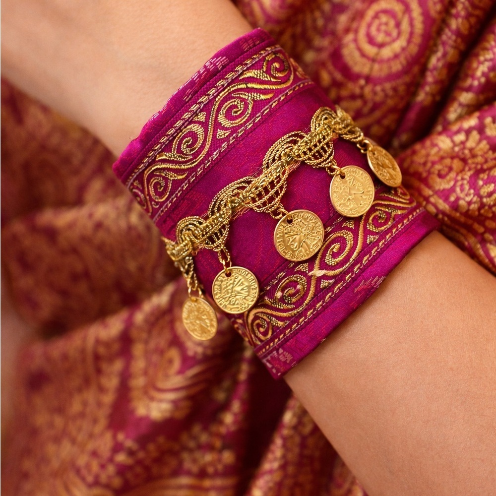 RUBYRUDI Cuff Bracelet Handcrafted OOAK Fabric Embellished Artisan Wearable Art - Picture 4 of 16